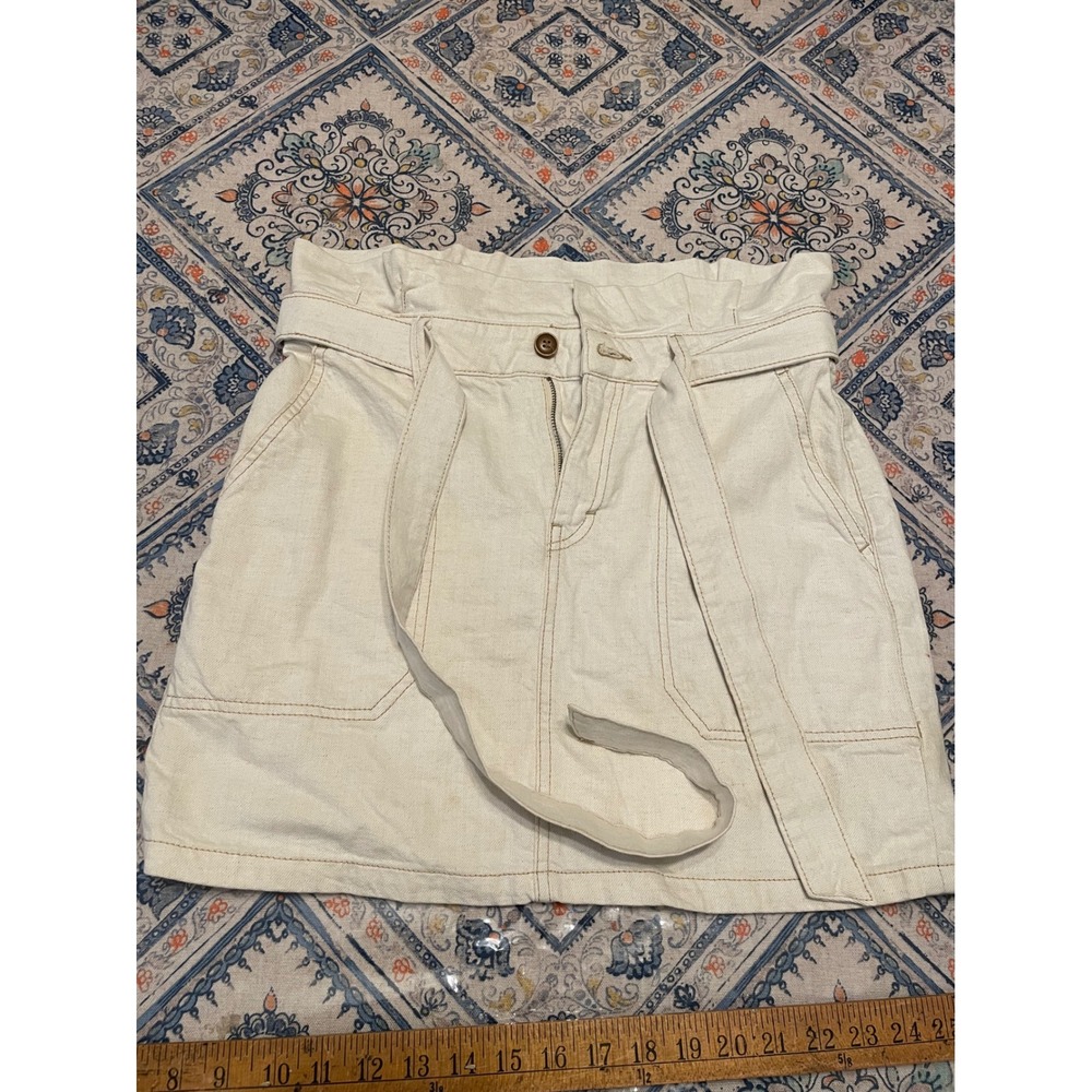 Free People Cream Cotton Linen Paperbag Waist Mini Skirt Size M Belted Utility